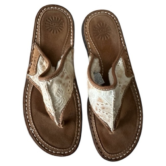 UGG Shoes - UGG Australia Thong Sandals Tan Leather White Eyelet Lace Embroidery Size 9
